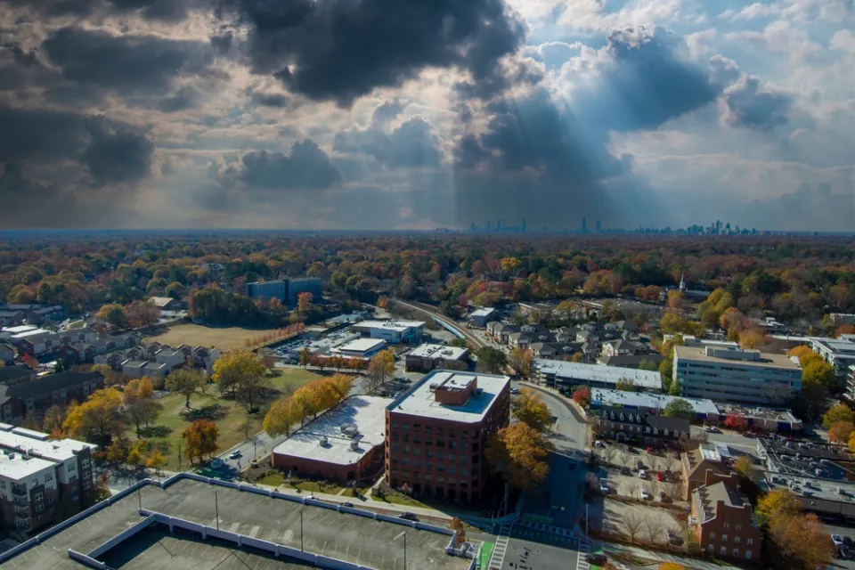 Aerial view of Decatur, Georgia with cloudy sky